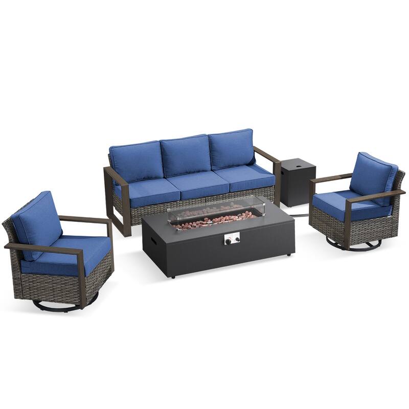 Pocassy Outdoor Sofa Swivel Chair Ottoman w/ 43" Fire Pit Set