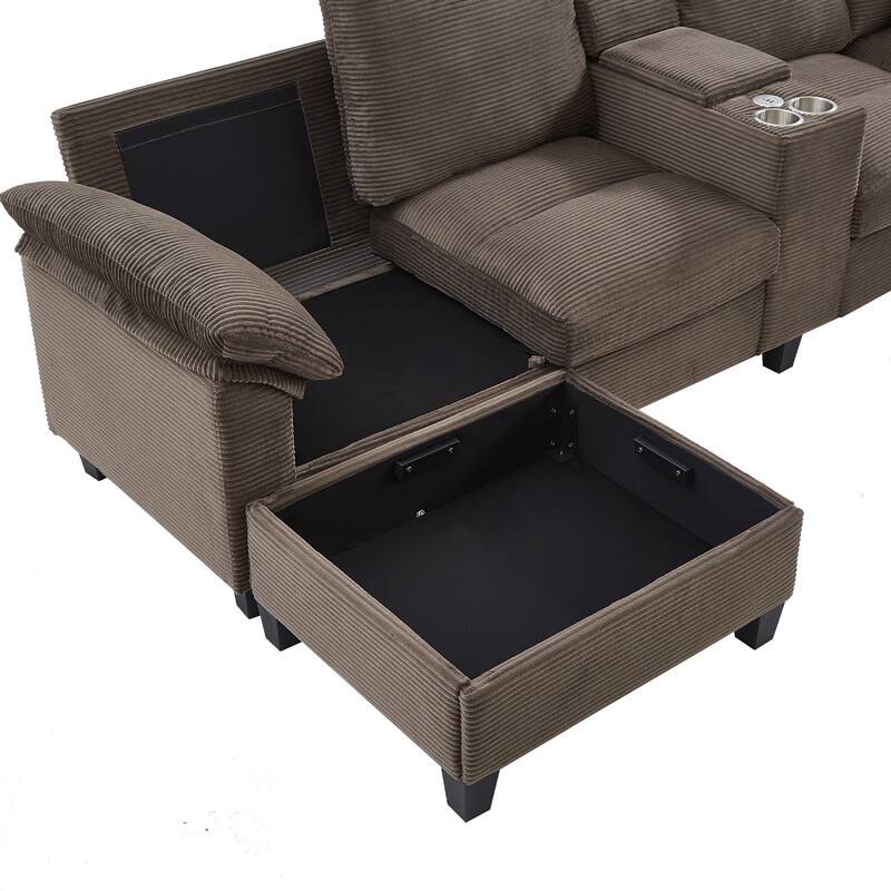 Roomfitters U-Shaped Sectional Sofa 116.9" Corduroy Upholstered Couch with Storage Ottomans, Cup Holders and USB Ports