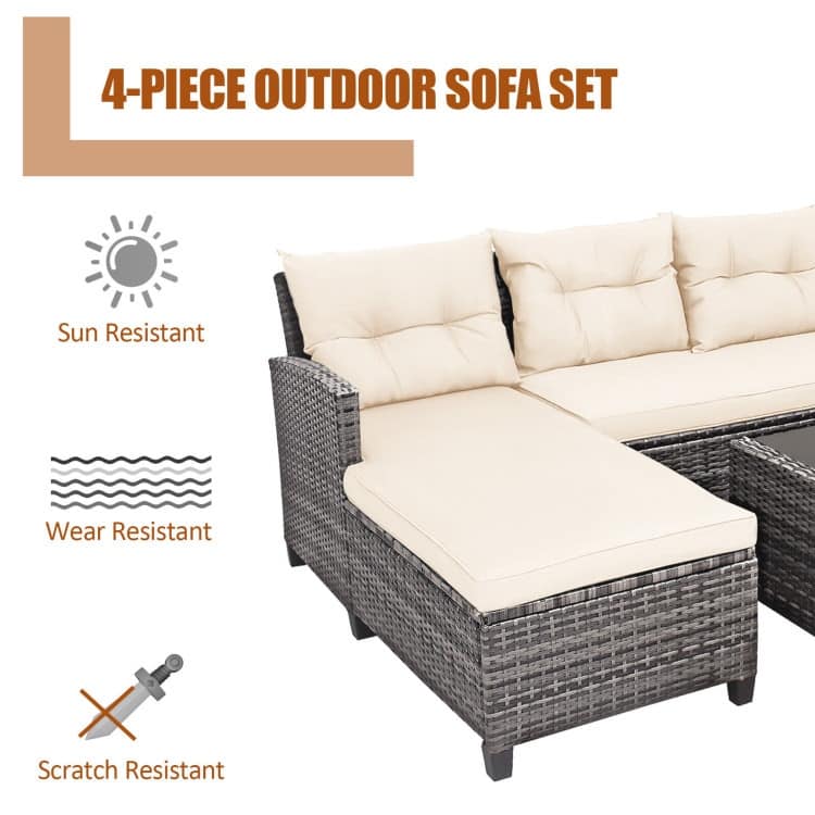 4 Pieces Patio Rattan Furniture Set with Cushion and Table Shelf - 27.5" x 47" x 30" (L x W x H)