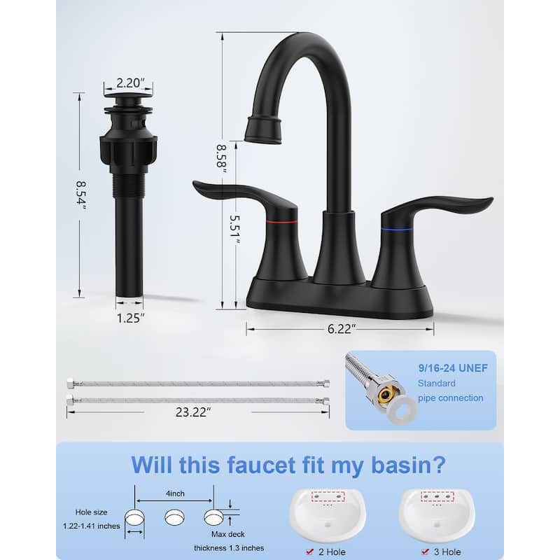 Bathroom Faucet with Pop-up Drain & Supply Hoses 2-Handle 360 Degree High Arc Swivel Spout Centerset 4 Inch Vanity Sink Faucet
