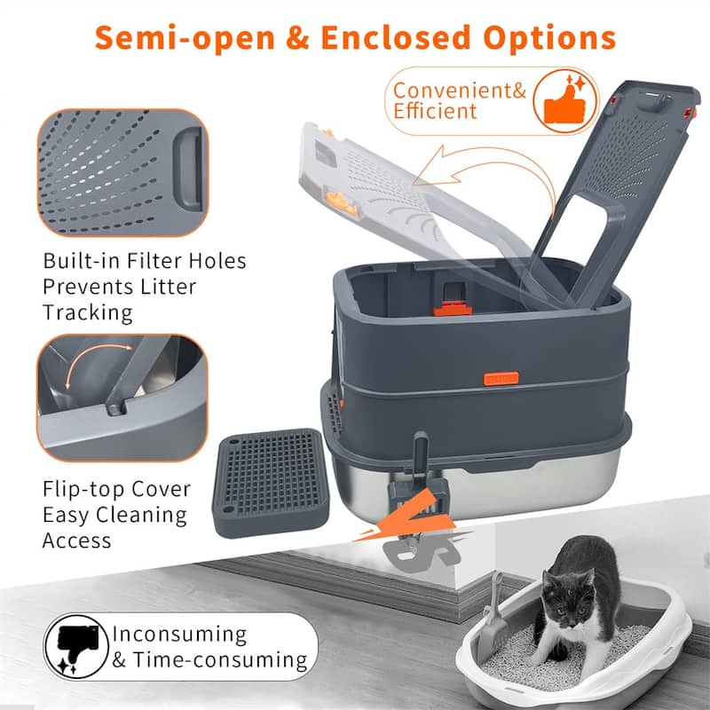 Full Enclosed Stainless Steel Cat Litter Box with Lid