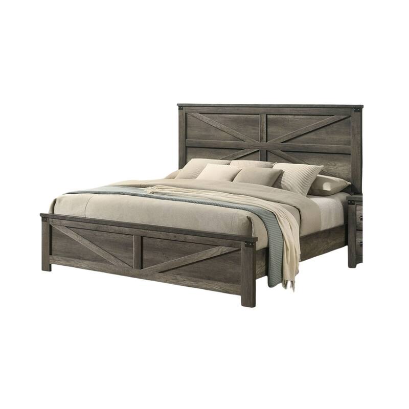 Queen Size Engineered Wood Platform Bed Set with Farmhouse Headboard and 2 Nightstands