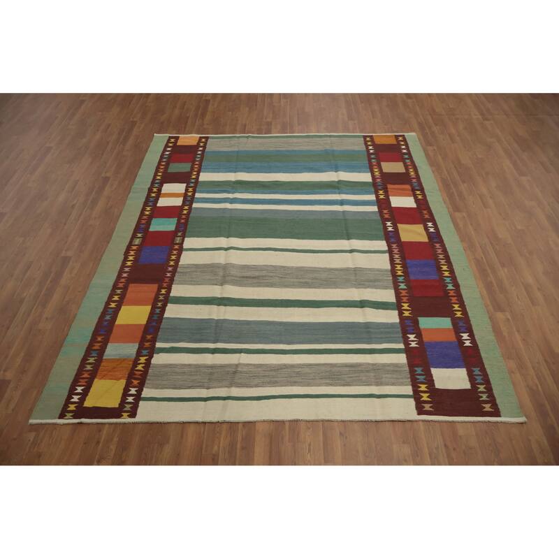 Hand Woven Oriental 100% Wool Carpet Southwestern Tribal Multi-Colored Kilim Area Rug - 9' 8'' X 8' 2''
