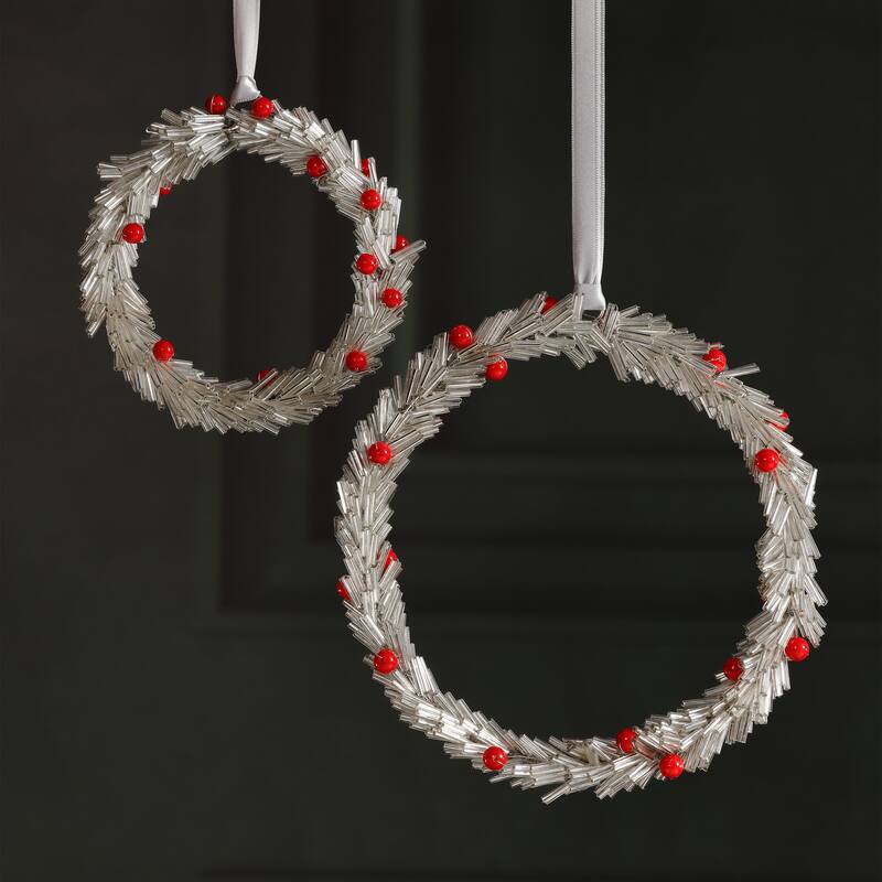 Festive Beaded Christmas Round Hanging Ornaments with Red Berries, Set of 12, 4"