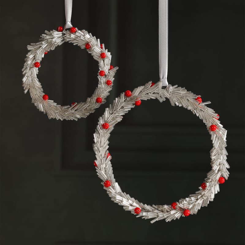 Festive Beaded Christmas Round Hanging Ornaments with Red Berries, Set of 12, 6"