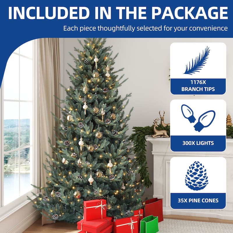 6/7.5FT Pre-Decorated Artificial Hinged Holiday Xmas Tree with 51 Pine Cones
