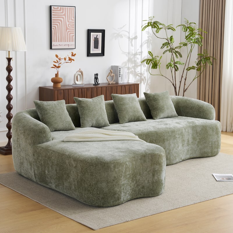 Full Compression L-Shape Chenille Sectional Sofa with Curved Chaise - Green