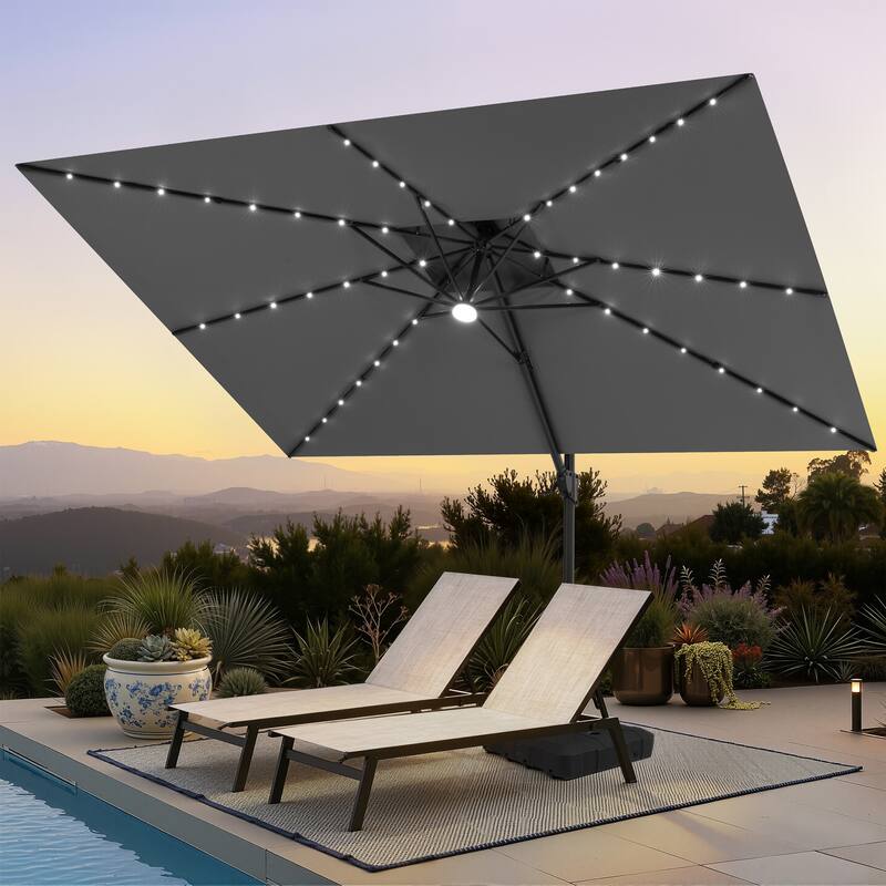 12 x 9 FT Outdoor Patio Cantilever Umbrella with Solar Lights Double Canopy 360 Rotation Tilt with Wheel Base - Dark Grey