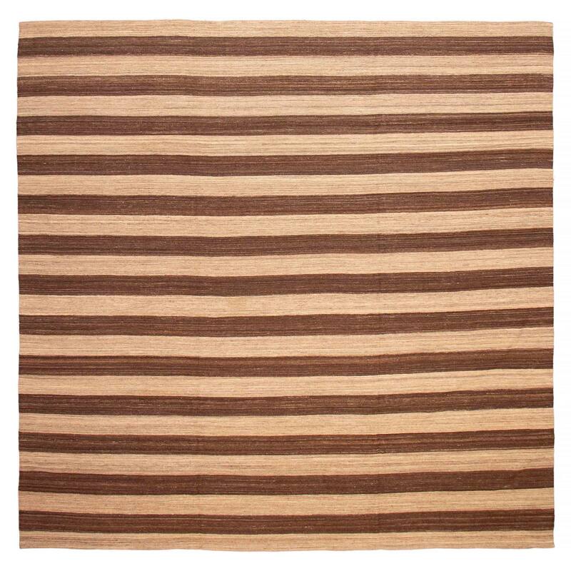 ECARPETGALLERY Flat-Weave Boho Brown, Khaki Wool Kilim - 13'5 x 13'0 - Brown/ Light Khaki - 13'5 x 13'0