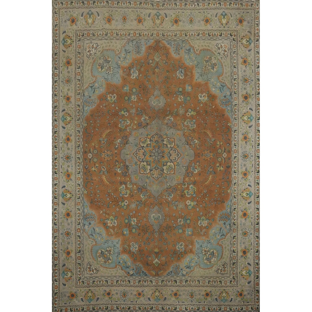 Hand Knotted Oriental 100% Wool Carpet Traditional Floral Brown Tabriz Area Rug - 13' 0'' X 10' 0''