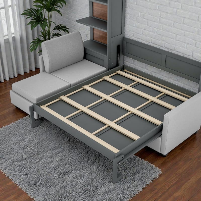 Queen Size Murphy Wall Bed with Sofa and Shelves, Space-Saving Fold Down Bed with Storage, Piston Lift Mechanism