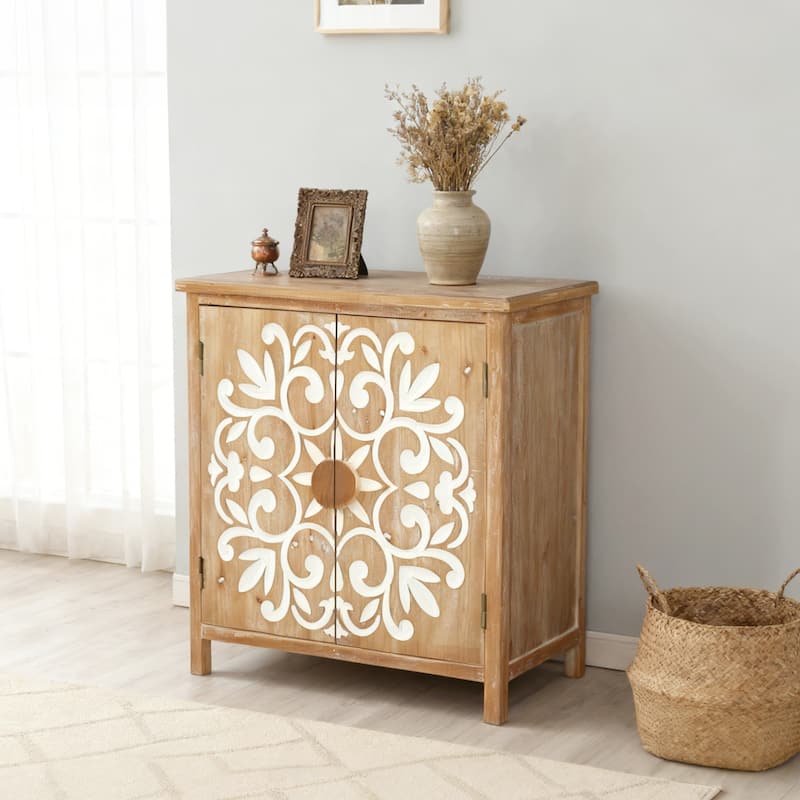 Rustic Wooden Accent Cabinet with Floral Carved Doors, 2 - Door Storage Cabinet for Living Room, Entryway, Dining Room