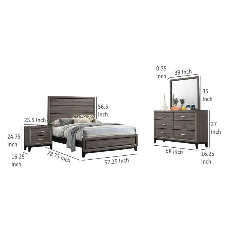 Mela 4pc Full Size Bedroom Set, Dresser, Nightstand, Mirror, Oak Gray