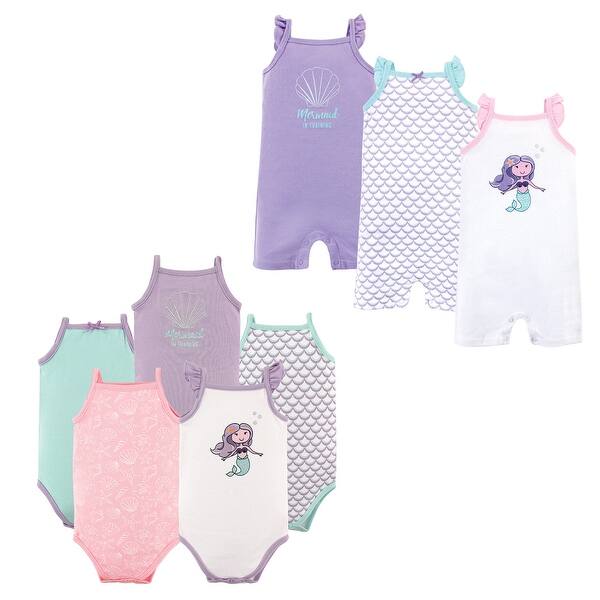 slide 1 of 1, Hudson Baby Infant Girl Cotton Bodysuits and Rompers, 8-Piece, Mermaid 0 - 3 Months - Purple