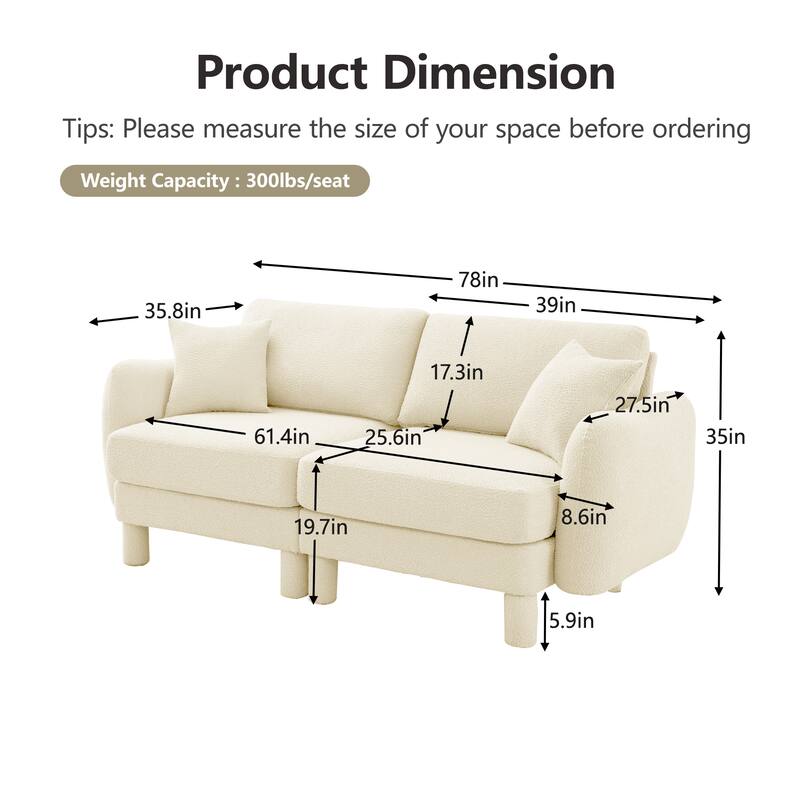 Loveseat Sofa, 78" 2-Seater Upholstered Couch Modern Sectional Couches with Shell-shaped Armrests for Living Room
