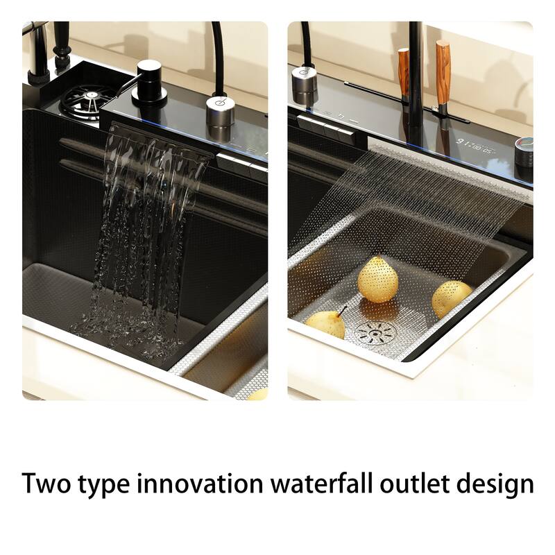 29.4 Inch Smart Kitchen Sink Workstation with LED Display, Multi-Function Faucet, Cutting Board & Drain Control