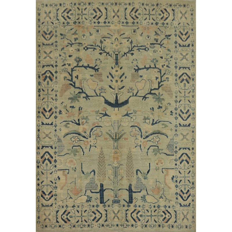 Hand Knotted Traditional Wool Green Geometric Area Rug - 9' 10'' X 8' 4''