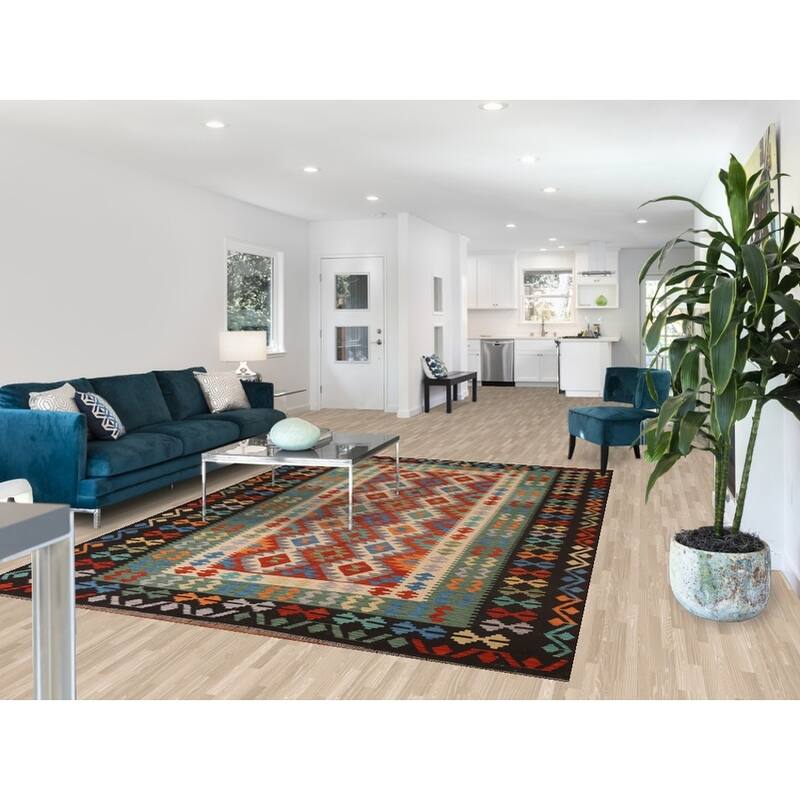 Hand Woven Oriental 100% Wool Carpet Southwestern Geometric Multi-Colored Kilim Area Rug - 9' 10'' X 7' 0''