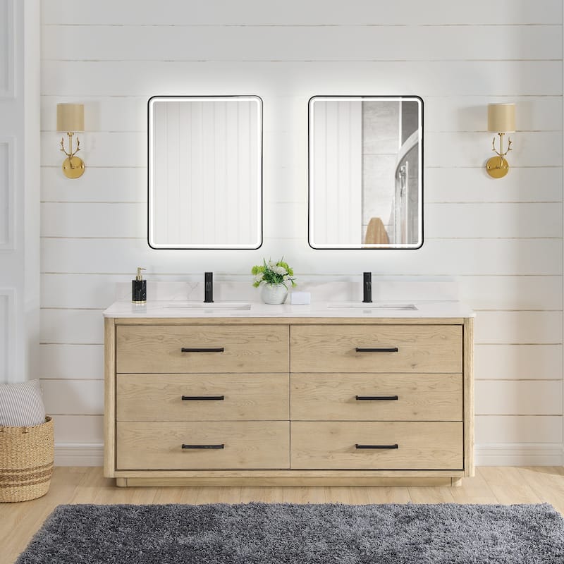 Porto Bath Vanity with White Quartz Stone Top and Mirror - 72in. - Aged Natural Oak