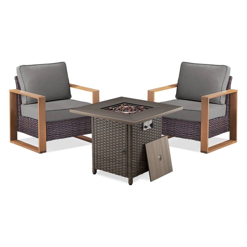 Meyreso 3-Piece Wicker Patio Conversation Set with Fire Pit & Plush 4.5" Olefin Cushions