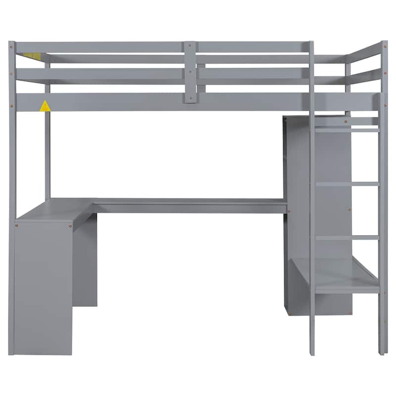 Full Size Solid Wood Loft Bed with L-shaped Desk and Storage Shelves