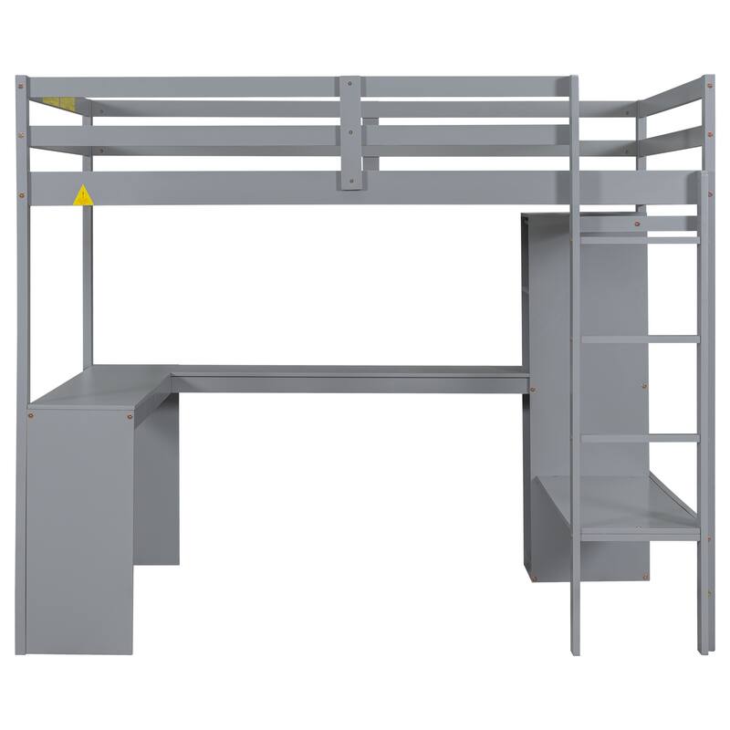 Twin Size Loft Bed with L-Shaped Desk, Wardrobe, Storage Shelves & Full-Length Guardrails, No Box Spring Needed