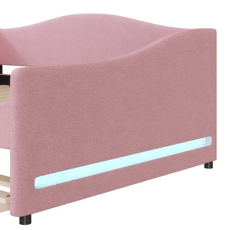 Pink Full Size Upholstered Daybed with Trundle and Light Stripes Design