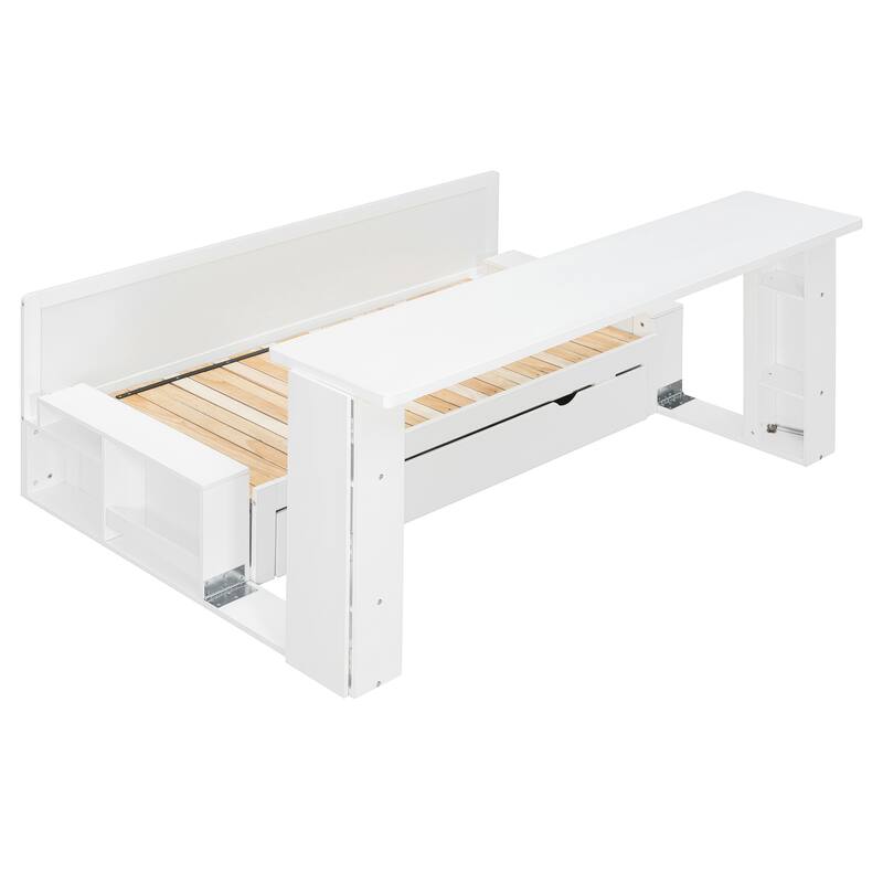 Queen Size Daybed with Removable Desk, Storage Drawers & Hydraulic Side Table