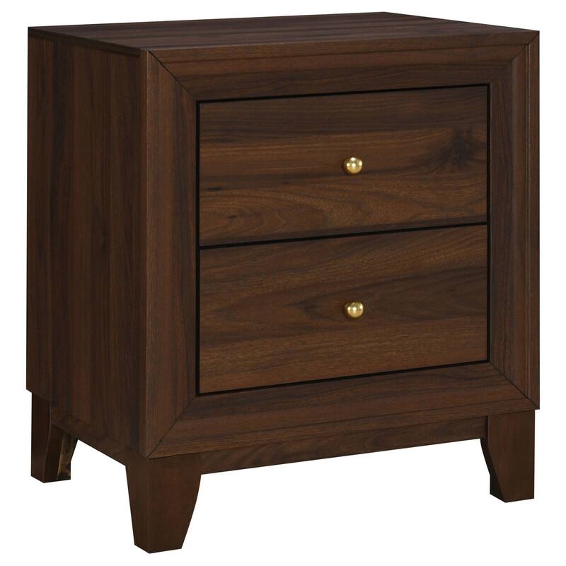 Walnut Finish 2-Drawer Nightstand with Gold Round Knobs, Mitered Trim and Stylish Modern Bedside Storage