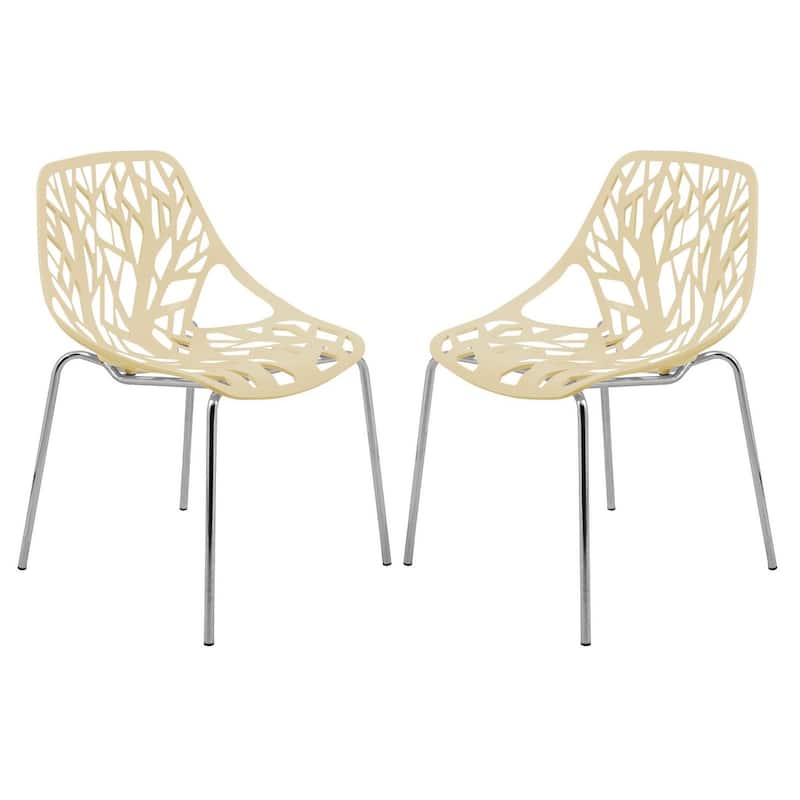 Asbury Stackable Dining Chair with Chrome Legs (Set of 2) Modern Cut-Out Design Backrest Side Chair - Cream