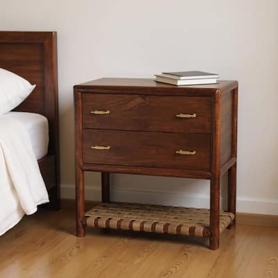HomeRoots 32" Brown Solid Wood Two Drawer Nightstand With Leather Shelf