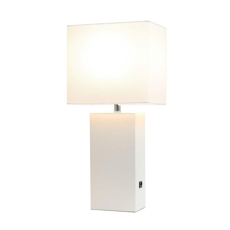 Modern Leather Table Lamp with USB and White Fabric Shade