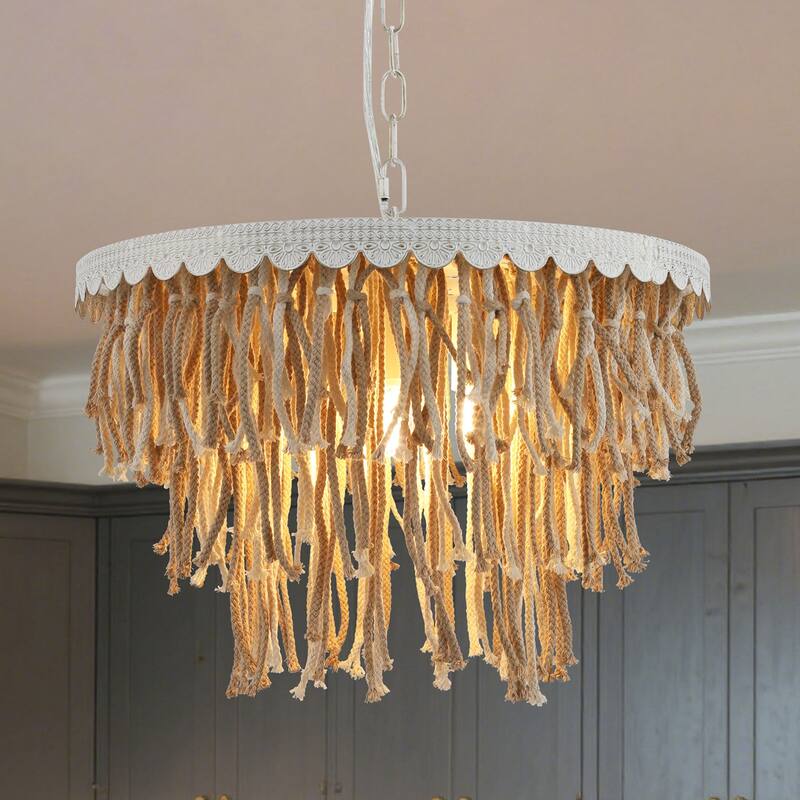 5-Light Chandelier Round Tassel Pendant Light Fixture for Bedroom with White Finsih - N/A