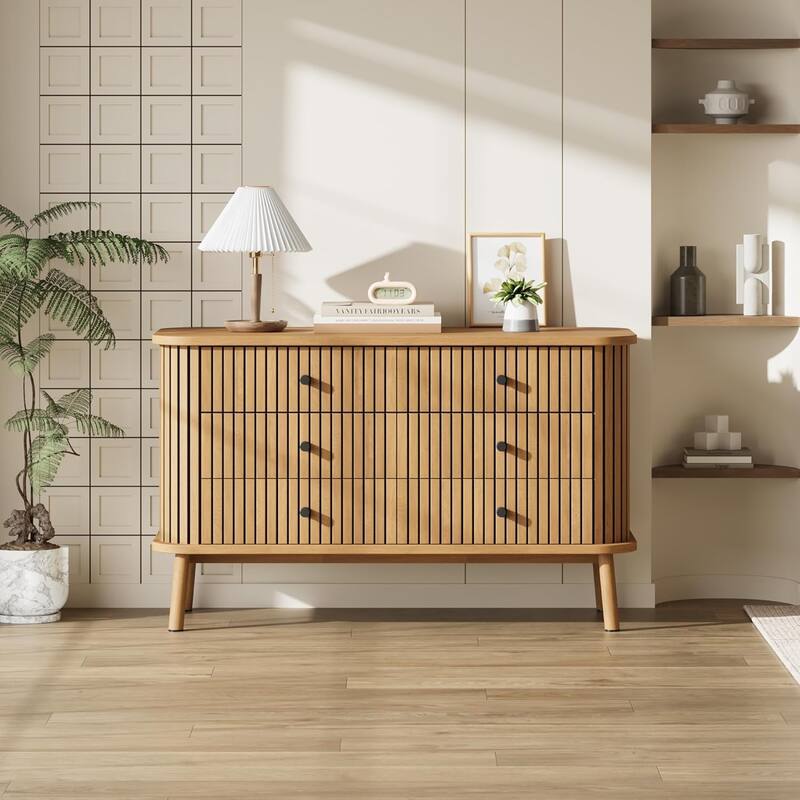 6 Drawer Dresser, Horizontal Chests of Double Drawers for Bedroom, Mid Century Dresser Spacious Storage - Brown - 6-drawer