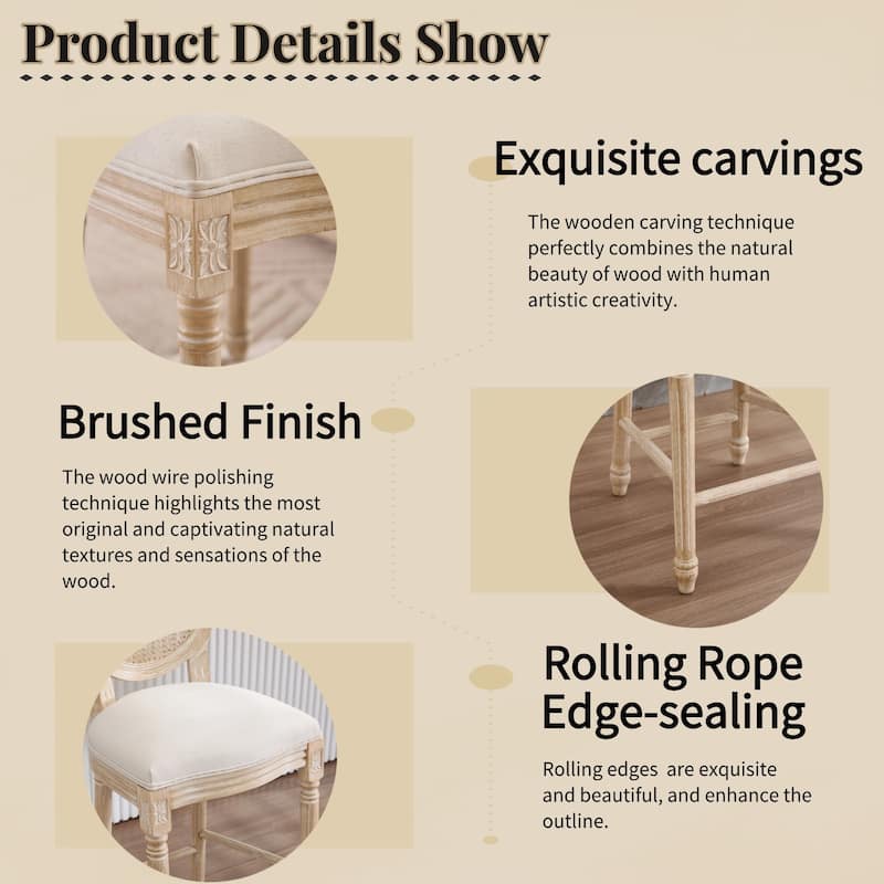 GDFStudio - Classic Louis French Country Upholstered Bar Height Dining Chairs Set with Rattan Backrest, Set of 2