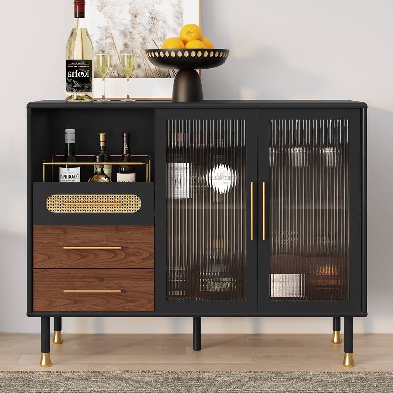 Accent Cabinet with Adjustable Shelves & Wine Rack Modern Bar Cabinet - Black