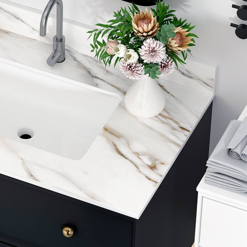 31 Inch Marble Vanity Top,Bathroom Vanity Top with Undermount Rectangular Middle Sink and 4 Inch Height Backsplash