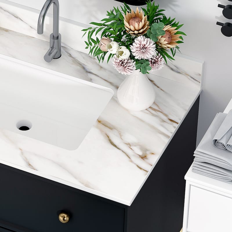 37 Inch Bathroom Marble Vanity Top,Undermount Rectangular Middle Sink,4" Height Backsplash,Pre-Drilled Faucet Hole Vanity Top