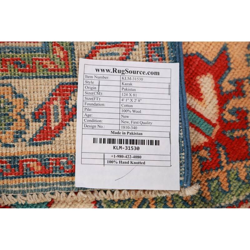 Turquoise Kazak Foyer Rug Hand-Knotted Wool Carpet - 2'8"x 4'1"