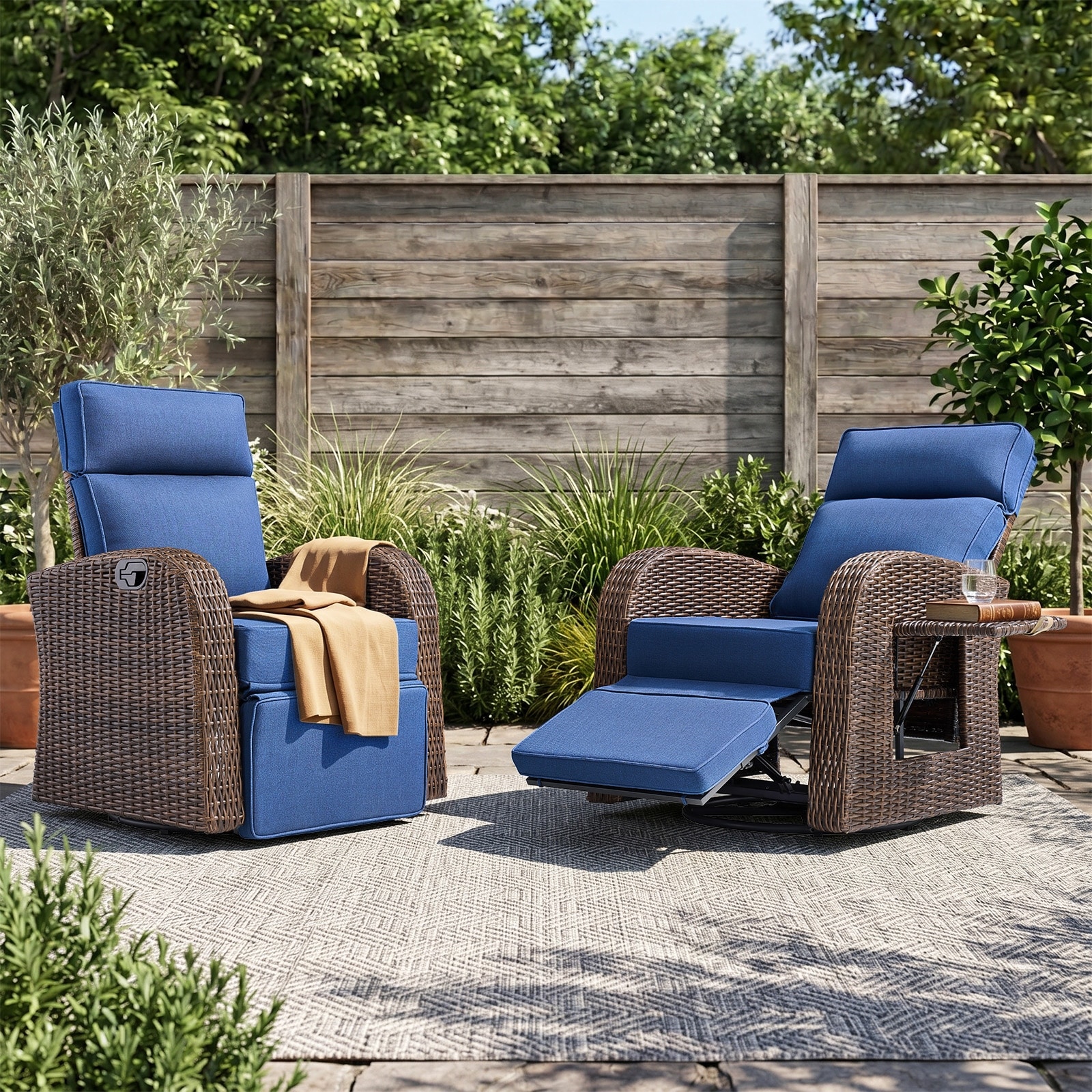 Meyreso 2-Piece Wicker Swivel Reclining Chaise Lounge with Adjustable Backrest & Footrest