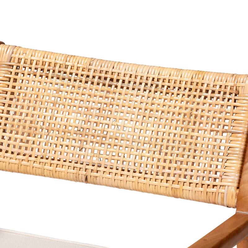 Chatura Natural Rattan and Mahogany Wood Dining Armchair - Handwoven Wicker Dining Chair with Angled Back, Coastal Boho Seating