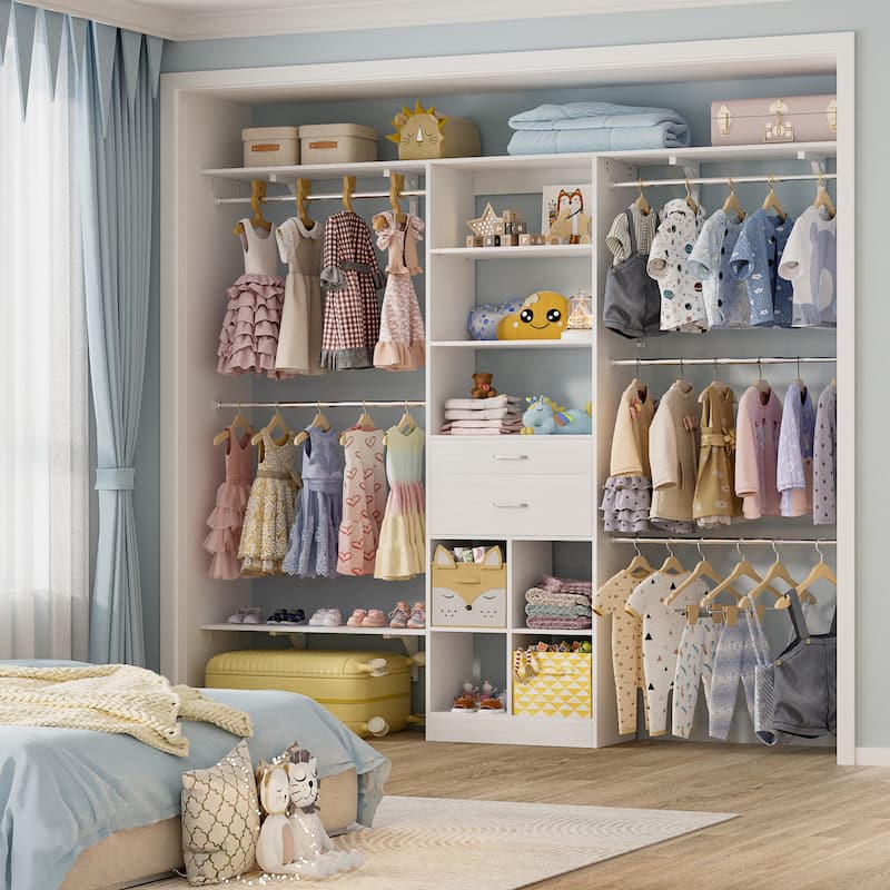 Closet System with Wooden Drawers & Cube Storage Organizer, 4.75-8FT Clothes Organizer Nursery & Walk-In Closets