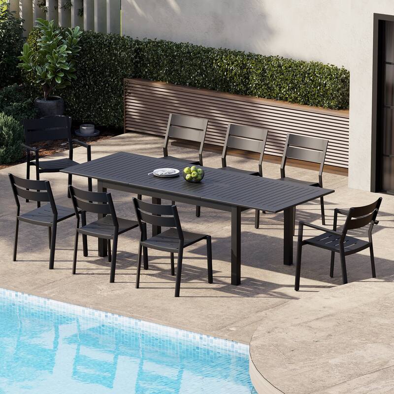 Crestlive Products 9-Piece Outdoor Dining Set Expandable Rectangular Table and Stackable Chairs - Black