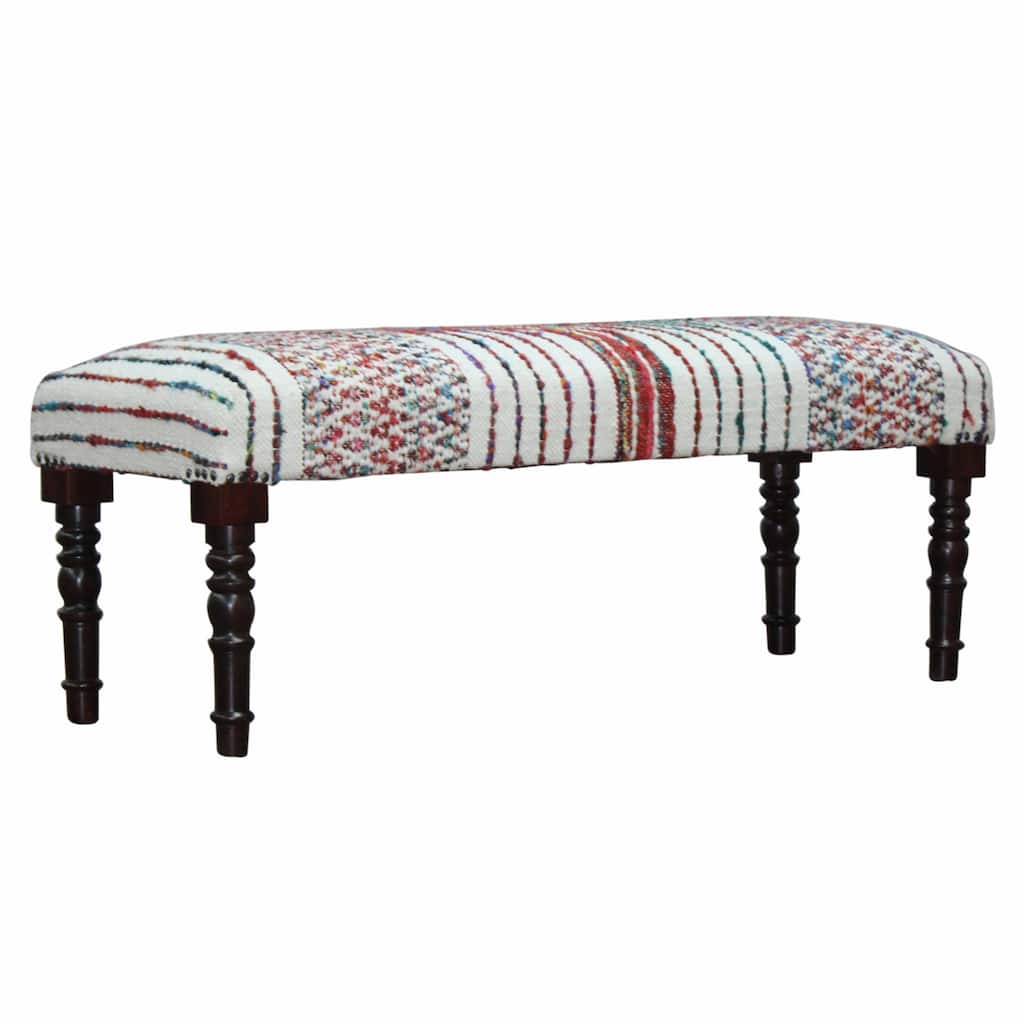 Wood Red White Cotton Upholstered Bench Chevron Pattern Turned Legs - 16” D x 47” W x 18” H