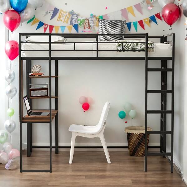 slide 2 of 9, Twin Size Metal Loft Bed With 2 Shelves And 1 Desk,2 Built-in Ladders,Solid Construction Black