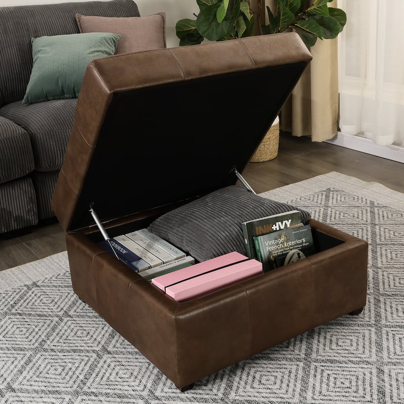 Adeco Storage Ottoman Square Bench Tufted Footrest for Living Room