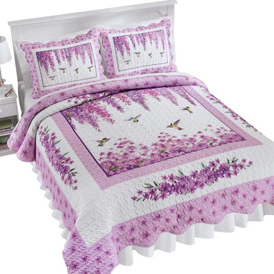 Colorful Hummingbird Purple Wisteria Scalloped Edge Printed Quilt