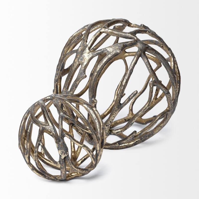 HomeRoots 7" Antiqued Gold Rustic Tree Branch Aluminum Orb Tabletop Sculpture
