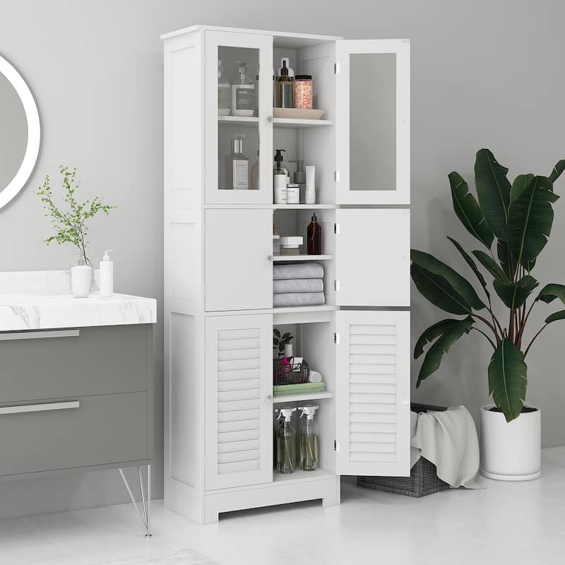 White MDF Tall Bathroom Cabinet with Triple Doors and Adjustable Shelf - 23.6" W x 11.8" D x 67.1" H - White