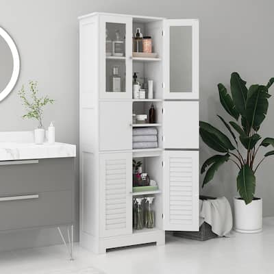 White MDF Tall Bathroom Cabinet with Triple Doors and Adjustable Shelf - 23.6" W x 11.8" D x 67.1" H